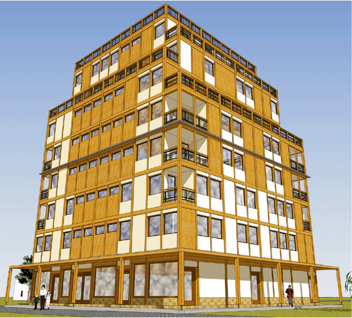 Obr. 14: Vizualizace, dřevěná skeletová konstrukce, modulační síť osmipodlažního bytového domu (Bílek–Peukert 2008)