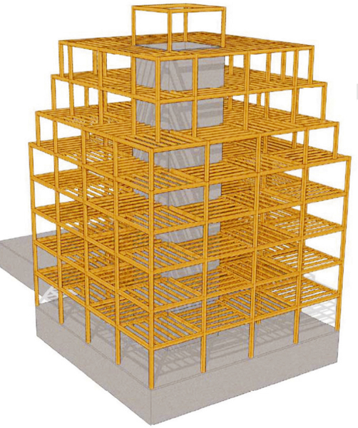 Obr. 14: Vizualizace, dřevěná skeletová konstrukce, modulační síť osmipodlažního bytového domu (Bílek–Peukert 2008)