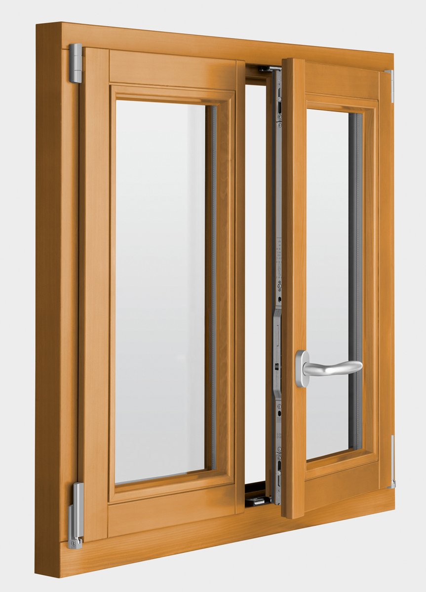 Kování activPilot Holz pro standardní dřevěná okna; závěsy křídel jsou vidět