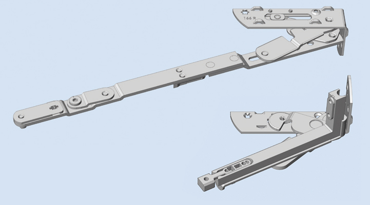 Skryté závěsy kování activPilot Select; komplet nůžek a nůžkového ložiska (nahoře), komplet rohového a křídlového ložiska (dole)