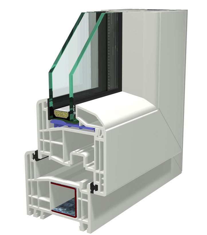 Obr. 1: Šestikomorový profil, stavební hloubka 74 mm, křídlo bez výztuže s vlepením skla