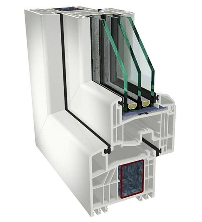 Obr. 3: Šestikomorový profil, stavební hloubka 83 mm, 8000IQ+ s vlepením skla pomocí technologie STV