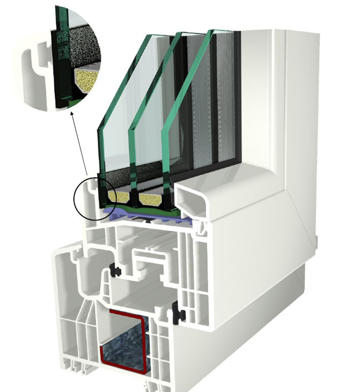 Řez profilem s lepeným sklem