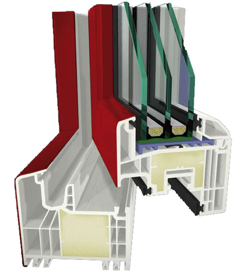 Řez profilem s lepeným sklem