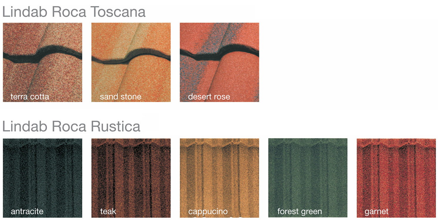 Barevná škála a tvarová provedení krytiny Lindab Roca