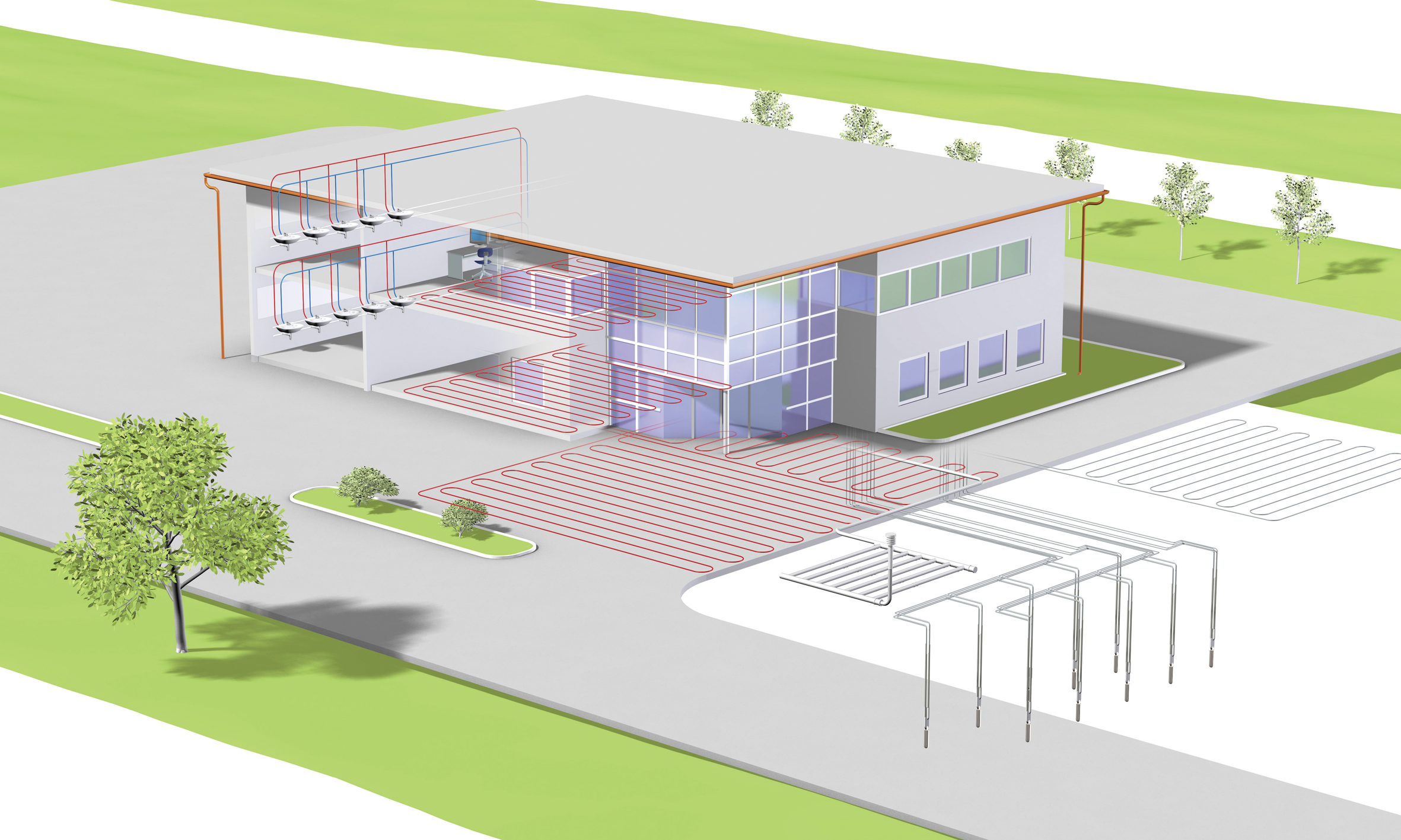 Obr. 4: Schéma systému a komponentů REHAU BAU v kancelářské budově