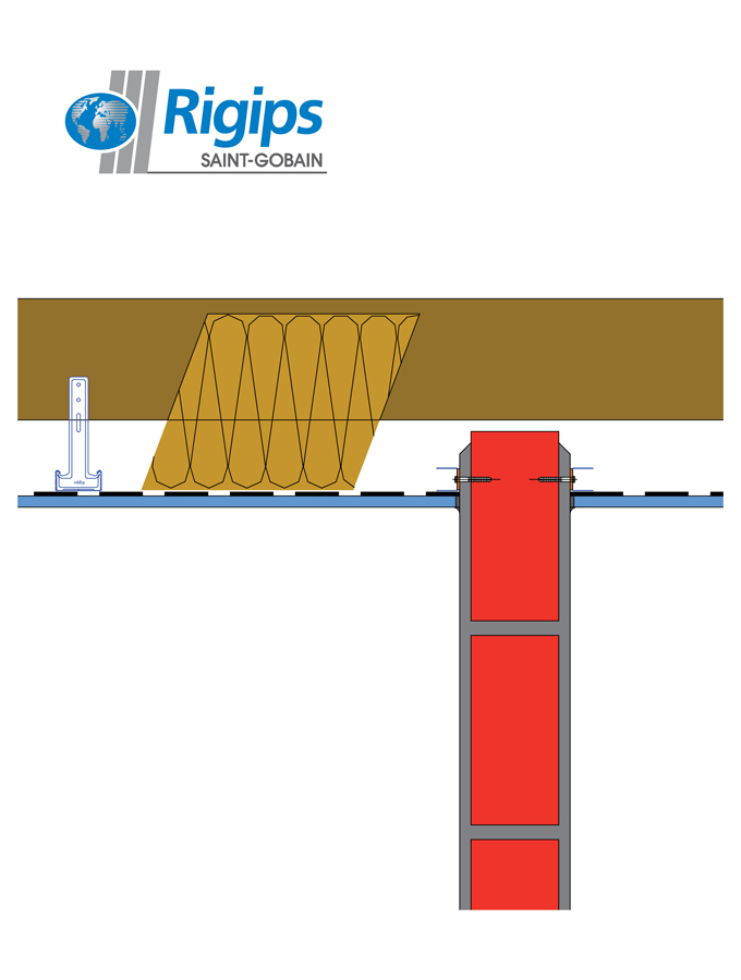 Modrý akustický sádrokartonový podhled spojený se zděnou příčkou; často chybí předepsané vyztužení věncem nebo armaturou, příčka se nesprávně „opírá“ o sádrokarton, časté chyby v provedení tepelné izolace a parozábrany