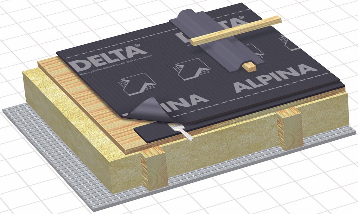 Fólie DELTA-ALPINA položená na dřevěném bednění. Kontralatě jsou kryty přířezovými pásy (tl. 300 mm), tepelný izolant je na celou výšku krokve. Pod ním je vzduchotěsná vrstva DELTA-REFLEX.