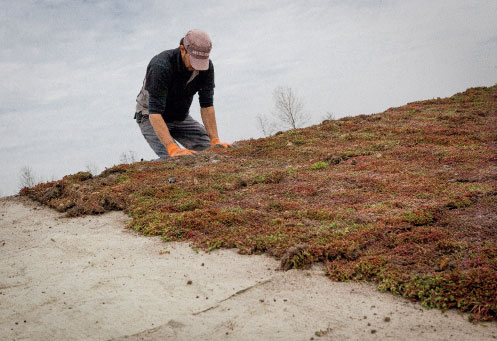 Vytvoření drenážního odvodnění (kanálku) a ukončení střechy násypem vrstvy kačírku (frakce 16–32 mm)