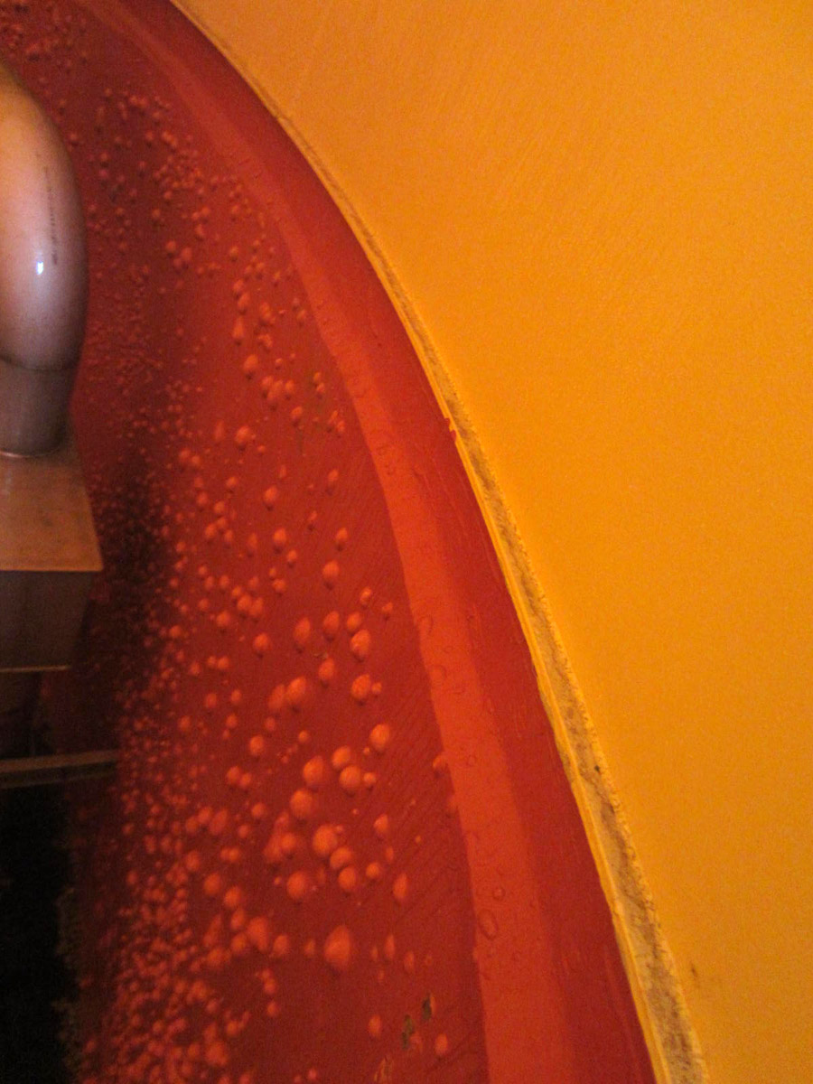 Obr. 9: Drobné „puchýře“, které se s vysokou četností se objevily na plynotěsné povrchové úpravě na vnitřním líci vyhnívací nádrže