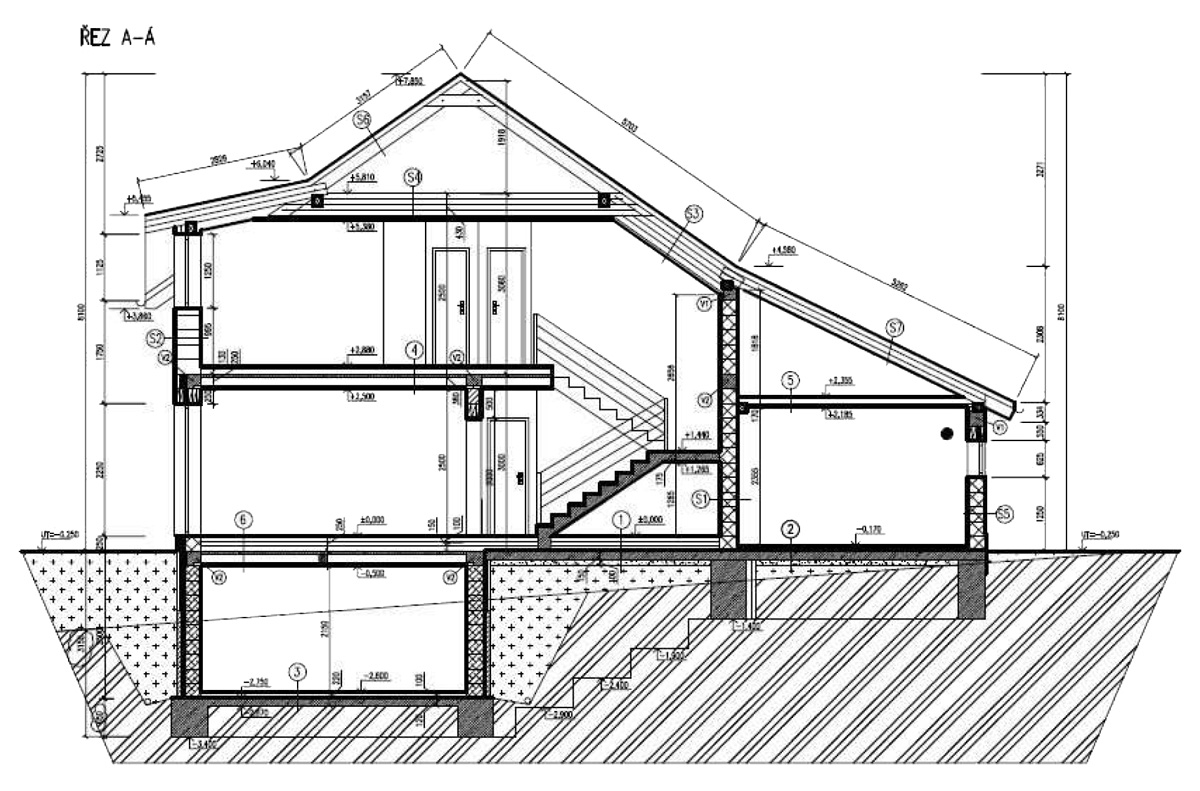 Příčný řez objektem rodinného domu