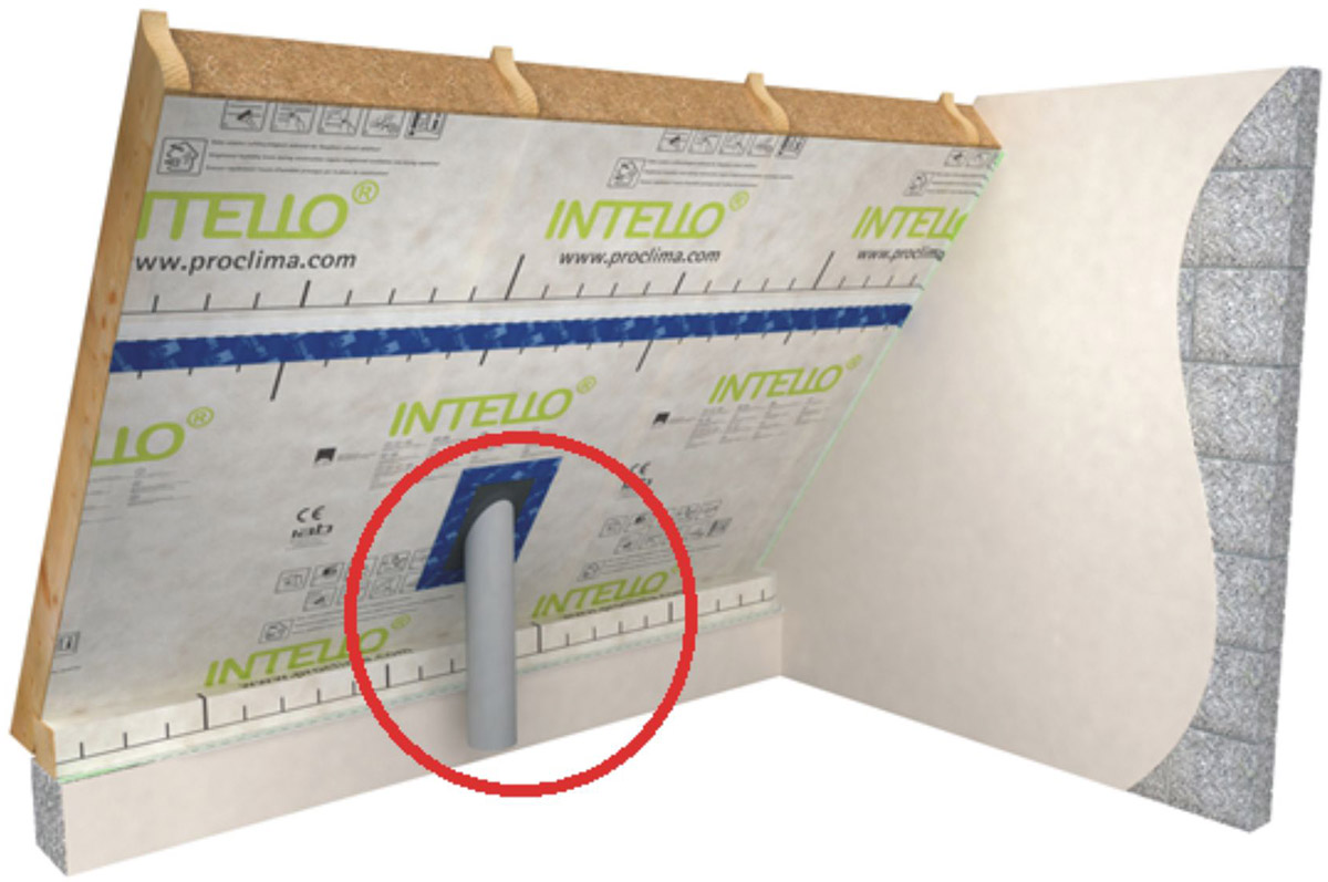 Správné vzduchotěsné napojení prostupujícího potrubí na parobrzdu pomocí systémové trubní manžety