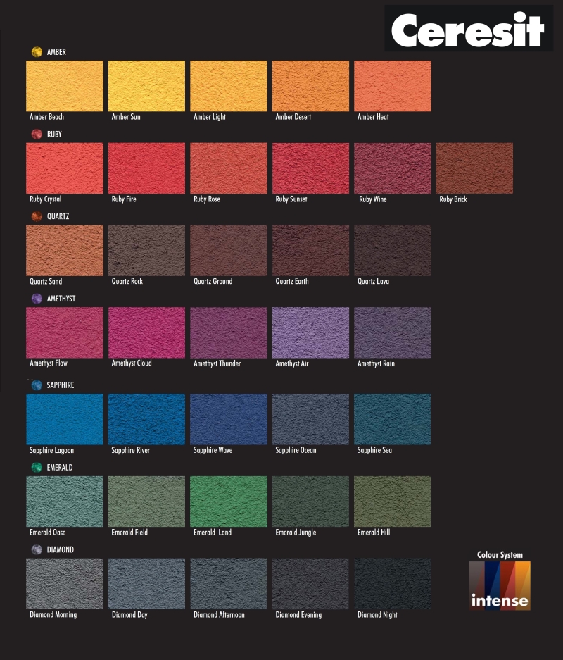 36 tmavých, intenzivních prémiových barev Ceresit Intense pro elastomerovou omítku Ceresit CT 79 Impactum