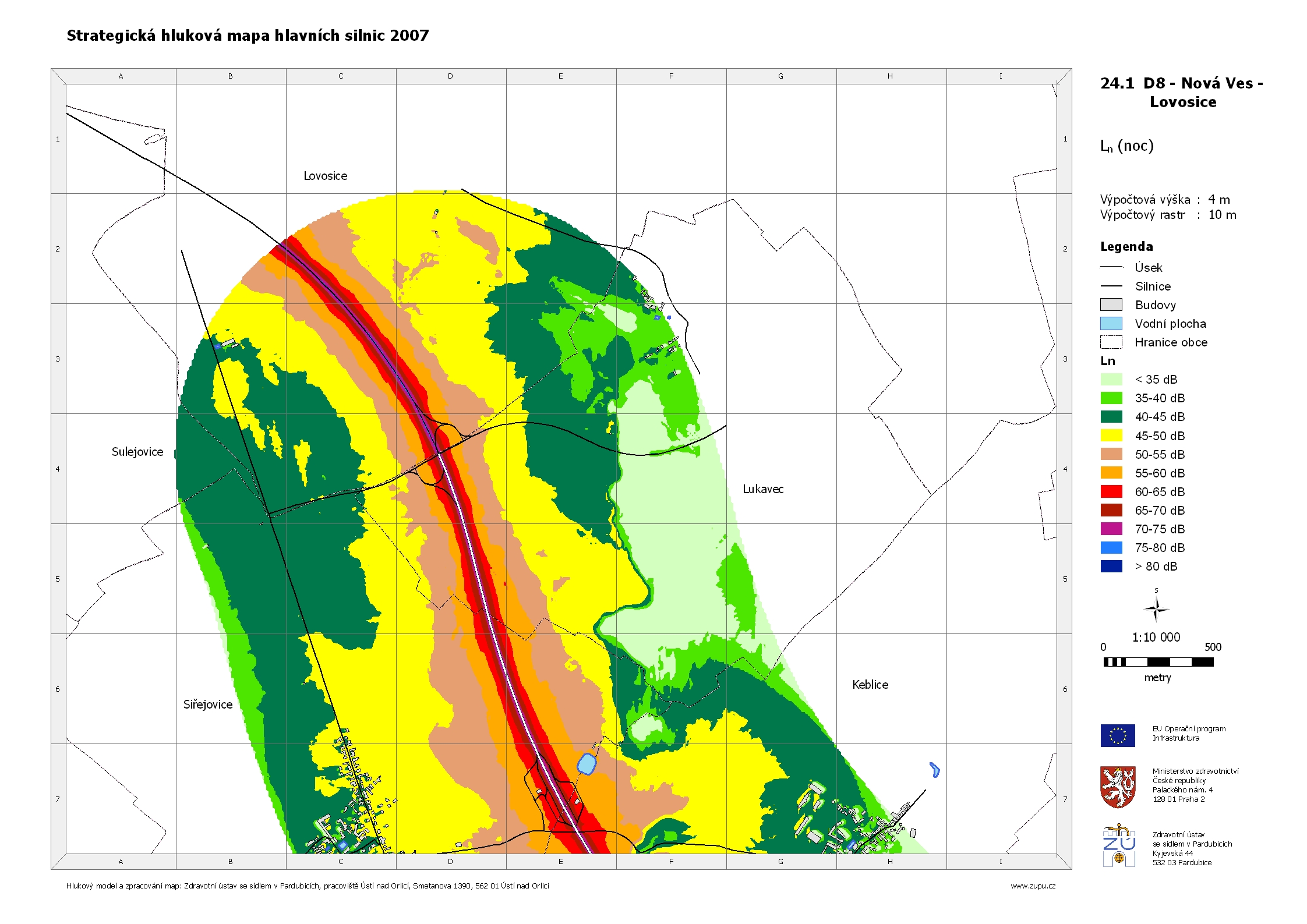 Obr. 2: Hluková mapa území Lovosic v noci – dálnice D8