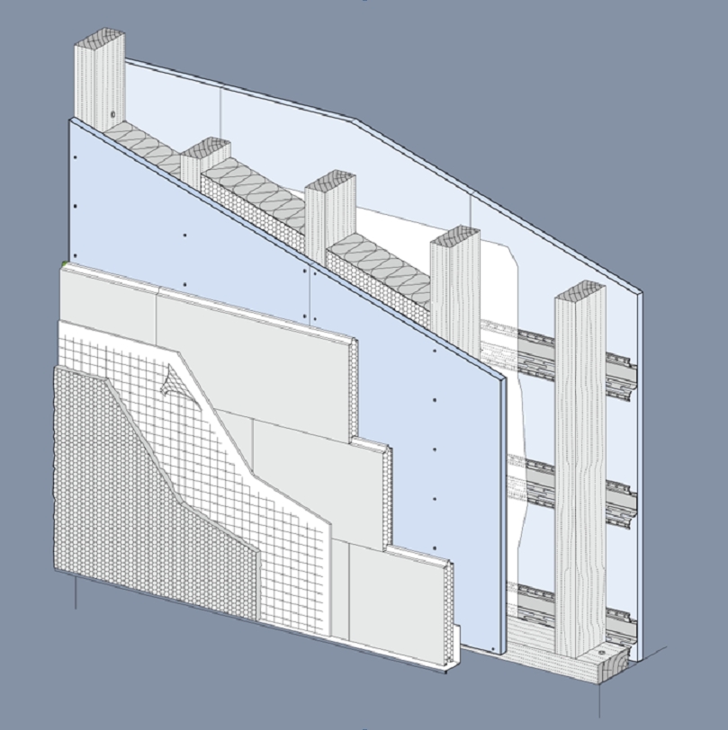 Schéma obvodové nosné stěny s kontaktním zateplovacím systémem
