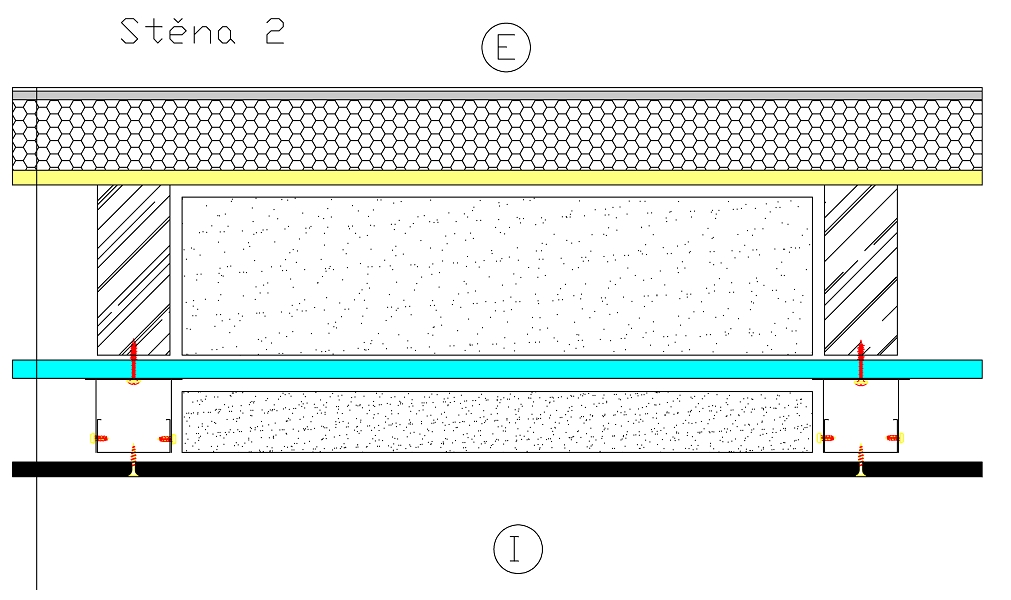 Skladby konstrukcí dřevostaveb, Obvodové nosné stěny – dimenzování dřevěných rámů s ohledem na statiku a na požární odolnost. Zavětrování konstrukční deskou Knauf Diamant z vnitřní strany, provětrávaná fasáda.