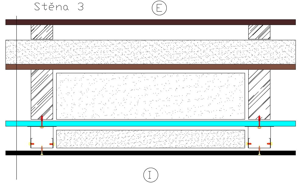 Skladby konstrukcí dřevostaveb, Obvodové nosné stěny – dimenzování dřevěných rámů s ohledem na statiku a na požární odolnost. Zavětrování konstrukční deskou Knauf Diamant z vnitřní strany, provětrávaná fasáda.