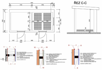 Obr. 1: Půdorys a skladby stěn jednopodlažní dřevostavby v Dubňanech