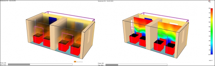 Obr. 7: Vizualizace požáru pomocí Fire Dynamics Simulator (FDS)