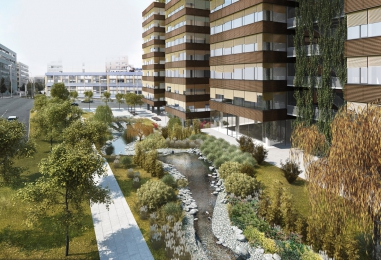 Budova DELTA s umělým říčním korytem – vizualizace