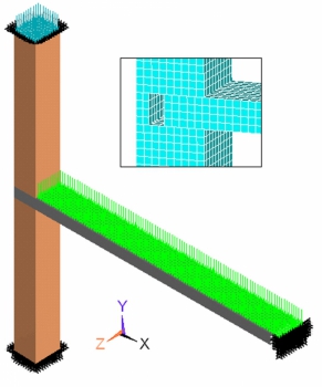 Model konstrukce v programu ANSYS. Ve výřezu je detail styku s částečným uložením stropu po aplikaci sítě konečných prvků 