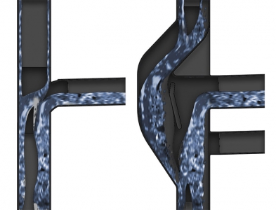 Porovnání proudění odpadní vody v tradičním potrubí a v potrubí s tvarovkou Sovent 