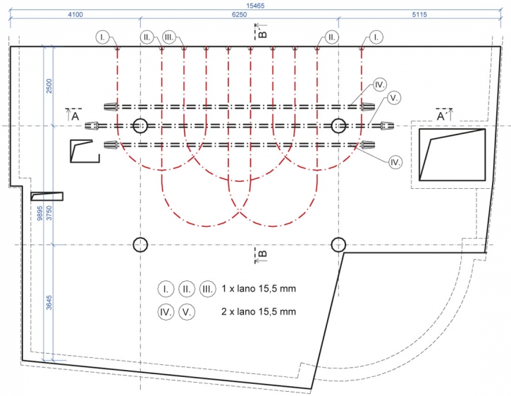 Obr. 11: Vedeni předpínacích lan; a – půdorys; b – řez konzolou; c – řez příčníkem