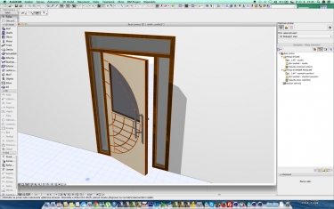 Obr. 1: Ukázka použití dveří jako prvku z BIM katalogu v ArchiCADu: a – výběr výrobku v katalogu knihovních prvků; b – nastavení parametrů – výběr z možných materiálů; c – 3D model pro projekt a vizualizaci; d – detailní půdorys – podrobnost dle měřítka zobrazení 