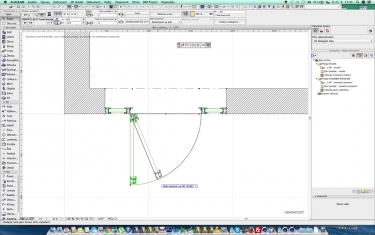 Obr. 1: Ukázka použití dveří jako prvku z BIM katalogu v ArchiCADu: a – výběr výrobku v katalogu knihovních prvků; b – nastavení parametrů – výběr z možných materiálů; c – 3D model pro projekt a vizualizaci; d – detailní půdorys – podrobnost dle měřítka zobrazení 