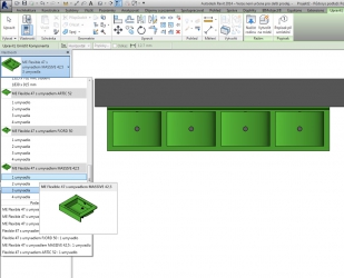 Obr. 2: Práce s parametrickým prvkem umyvadlové desky v Revitu: a – zobrazení informací o prvku ; b – nastavení parametrů – volba počtu umyvadel; c – vizualizace zvoleného řešení 
