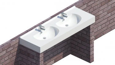 Obr. 2: Práce s parametrickým prvkem umyvadlové desky v Revitu: a – zobrazení informací o prvku ; b – nastavení parametrů – volba počtu umyvadel; c – vizualizace zvoleného řešení 