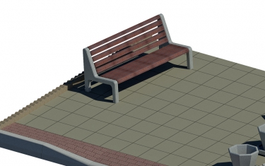 Obr. 3: Ukázka generování textur v Revitu: a – výběr typu dlažby, vzoru a barevnosti kamenů; b – prvek s vygenerovanou texturou, viz horní lišta s výběrem doplňků;  c – vizualizace s objektem mobiliáře 