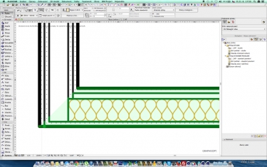 Obr. 5: Práce s doplňky – generování skladby příček v ArchiCADu: a – vygenerování a aplikace zvolené skladby sendvičové konstrukce na příčku; b, c – vygenerovaná konstrukce se šrafou; d – automatický popis skladby konstrukce ve výkresu; e, f – zobrazení konstrukce vč. materiálů ve 3D; g – vygenerovaná skladba sendvičové konstrukce