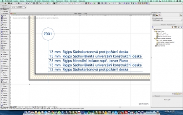 Obr. 5: Práce s doplňky – generování skladby příček v ArchiCADu: a – vygenerování a aplikace zvolené skladby sendvičové konstrukce na příčku; b, c – vygenerovaná konstrukce se šrafou; d – automatický popis skladby konstrukce ve výkresu; e, f – zobrazení konstrukce vč. materiálů ve 3D; g – vygenerovaná skladba sendvičové konstrukce