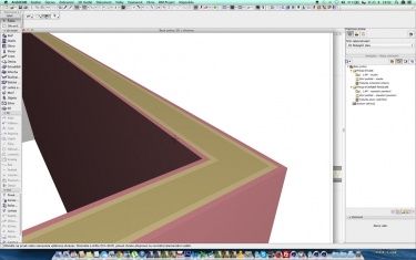 Obr. 5: Práce s doplňky – generování skladby příček v ArchiCADu: a – vygenerování a aplikace zvolené skladby sendvičové konstrukce na příčku; b, c – vygenerovaná konstrukce se šrafou; d – automatický popis skladby konstrukce ve výkresu; e, f – zobrazení konstrukce vč. materiálů ve 3D; g – vygenerovaná skladba sendvičové konstrukce