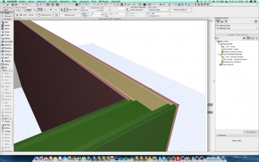 Obr. 5: Práce s doplňky – generování skladby příček v ArchiCADu: a – vygenerování a aplikace zvolené skladby sendvičové konstrukce na příčku; b, c – vygenerovaná konstrukce se šrafou; d – automatický popis skladby konstrukce ve výkresu; e, f – zobrazení konstrukce vč. materiálů ve 3D; g – vygenerovaná skladba sendvičové konstrukce