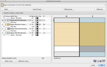 Obr. 5: Práce s doplňky – generování skladby příček v ArchiCADu: a – vygenerování a aplikace zvolené skladby sendvičové konstrukce na příčku; b, c – vygenerovaná konstrukce se šrafou; d – automatický popis skladby konstrukce ve výkresu; e, f – zobrazení konstrukce vč. materiálů ve 3D; g – vygenerovaná skladba sendvičové konstrukce
