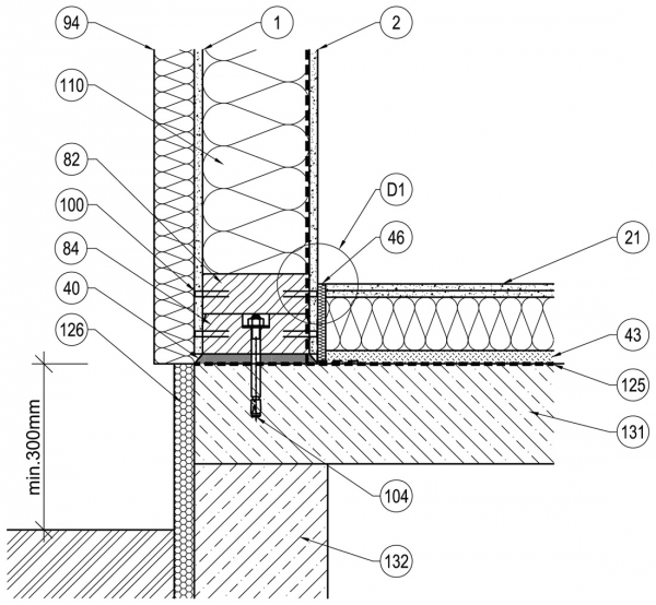 Schéma napojení podlahy a vnější stěny: 1 – sádrovláknitá deska fermacell tl. 12,5 mm; 2 – SVD fermacell tl. 12,5 mm a parotěsná fólie nebo fermacell Vapor tl. 12,5 mm; 21 – podlahový prvek fermacell 2 E 11 nebo 2 E 22; 40 – výplňová malta fermacell; 43 – vyrovnávací podsyp fermacell; 46 – okrajová izolační páska 82 – dřevěná konstrukce rámu (podle certifikace); 84 – zakládací hranol; 94 – schválený zateplovací systém, alt. fasádní systém; 100 – sponka; 104 – staticky ověřený kotvicí prvek; 110 – izolace; 124 – penetrace + těsnicí páska; 125 – hydroizolace + protiradonová ochrana; 126 – soklová izolační deska z extrudovaného polystyrenu, včetně povrchové úpravy; 131 – základová deska (suterén); 132 – podsklepená základová konstrukce