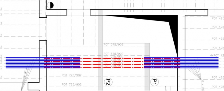 Obr. 7: Vyztužení průvlaku nad střední zdí