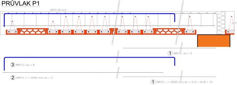 Obr. 4: Vyztužení žebra P1 pro zavěšení krajního POT nosníku