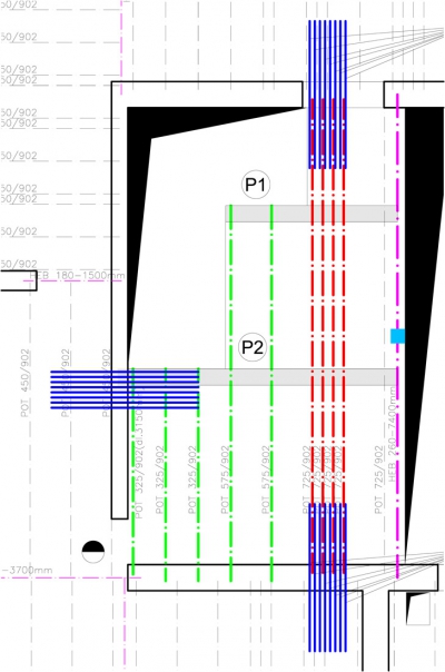 Obr. 12: Uspořádání POT nosníků podél schodiště
