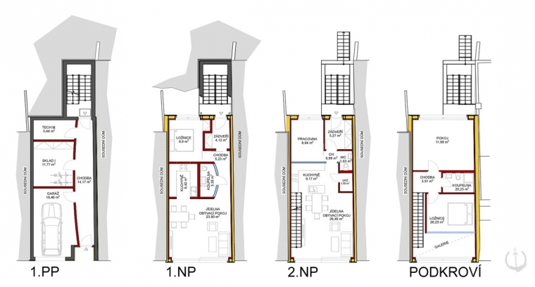 Obr. 3: Půdorysy podlaží