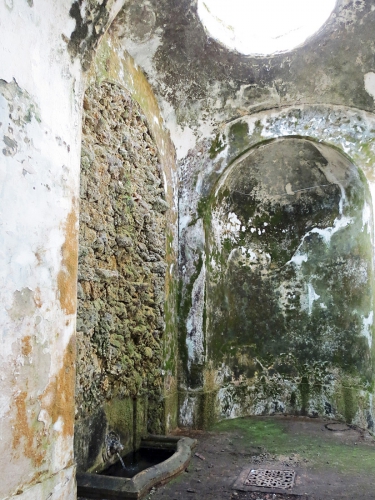 Obr. 12: Lví fontána, přívod vody do kašny, JZ roh objektu, extrémní zavlhčení i vlivem vpusti terasy a destrukce šachty (viz obr. 3)