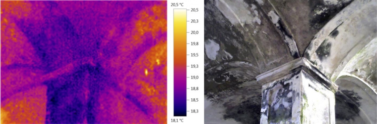 Obr. 23: Termovizní snímky – měření povrchových teplot stěn a rozdílů teplot v návaznosti na tepelné mosty, tedy lokální poruchy či zvýšené vlhkosti