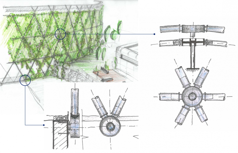 Detail styčníku klece na fasádě