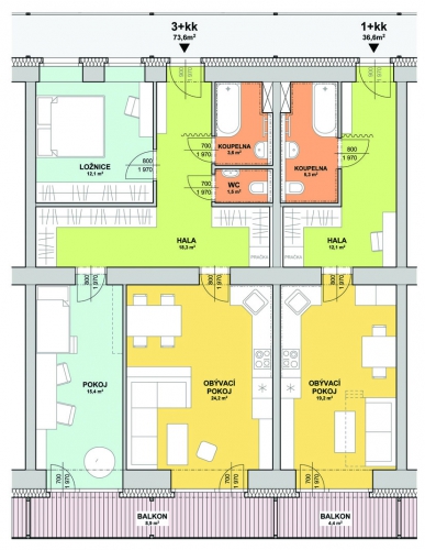 Půdorys bytů 3+kk a 1+kk