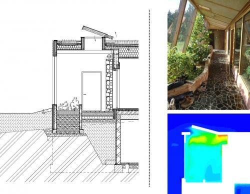 Zimní zahrada s vnitřní kořenovou čistírnou: vegetace, substrát, filtrační pole, bazénová PVC fólie, štěrkový podsyp