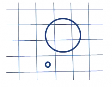 Obr. 1: Schéma difuzní membrány. Větší kroužek je molekula vody, menší je molekula vodní páry.