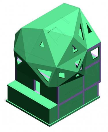 Obr. 1: Konstrukční 3D model; a – pohled z ulice, b – pohled ze zahrady [1]