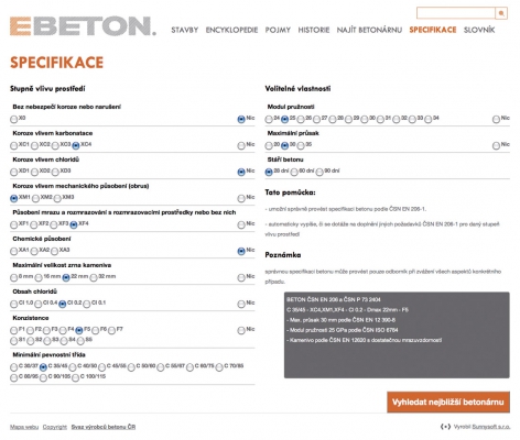 Obr. 3: Formulář pro vytvoření specifikace betonu na portálu eBeton s ukázkou vyplnění a automatického vygenerovaní specifikace dle ČSN EN 206 a ČSN P 73 2404